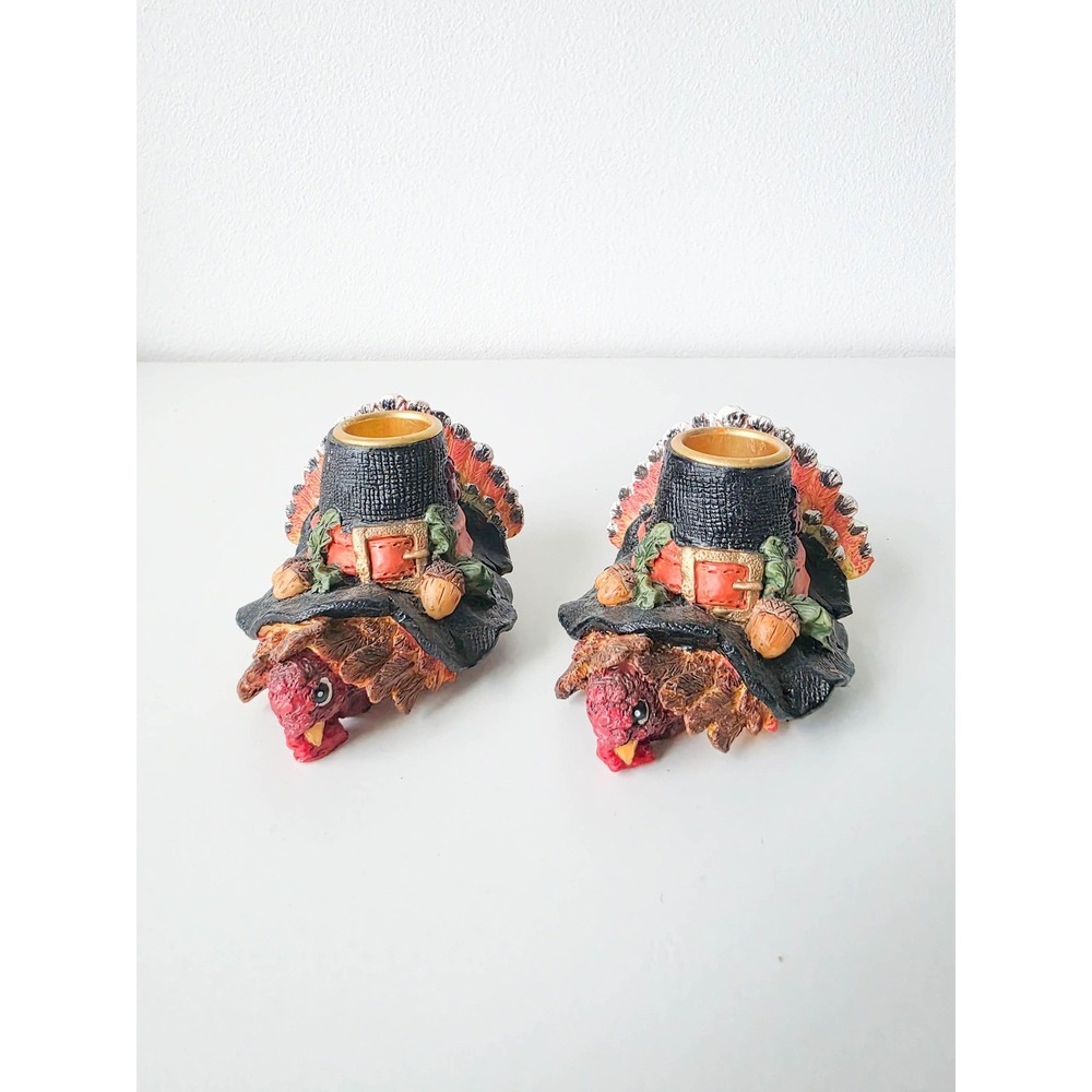 Robert Alan Candle Co Turkey Pilgrim Candle Holders Set of 2 Thanksgiving Decor